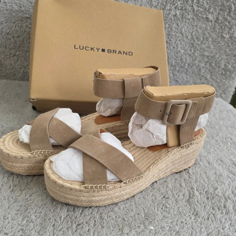 Lucky Brand Dune Oiled‎ Suede Espadrille Platform Wedge Sandals Women 11M NEW